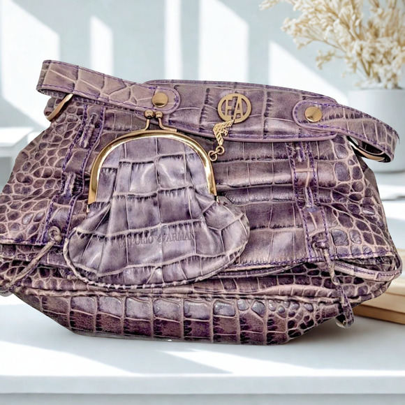 Emporio Armani Large Fold Over Leather Crocodile Embossed Bag & Change Pouch - Picture 1 of 13